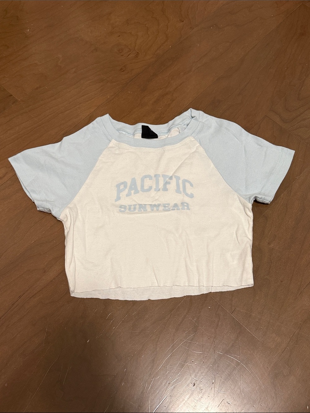Pacific Sunwear White Crop Tee with Light Blue Raglan Sleeves